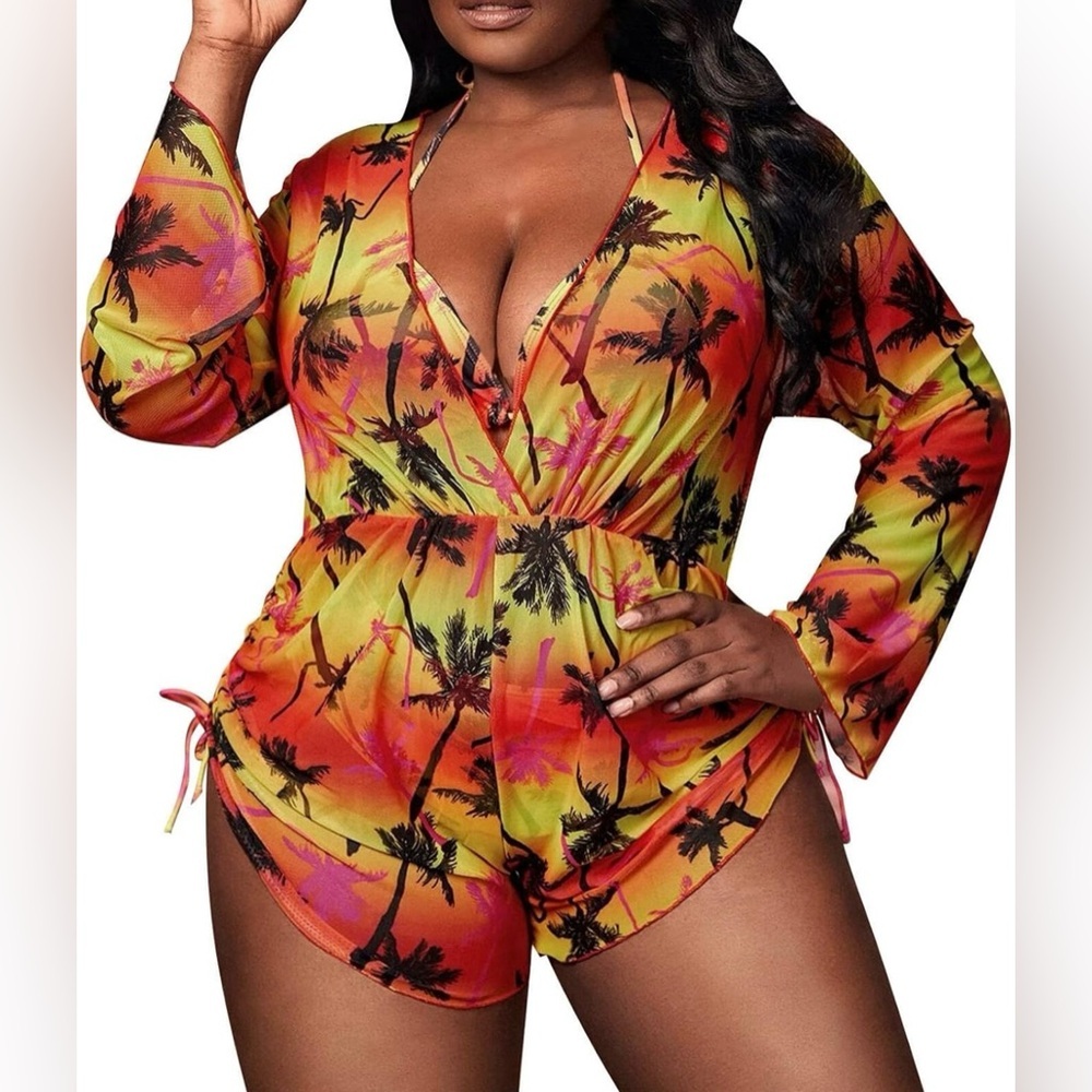 3pc Plus Size Tropical Print Halter Triangle Bikini Set with Cover Up - Picture 2 of 14